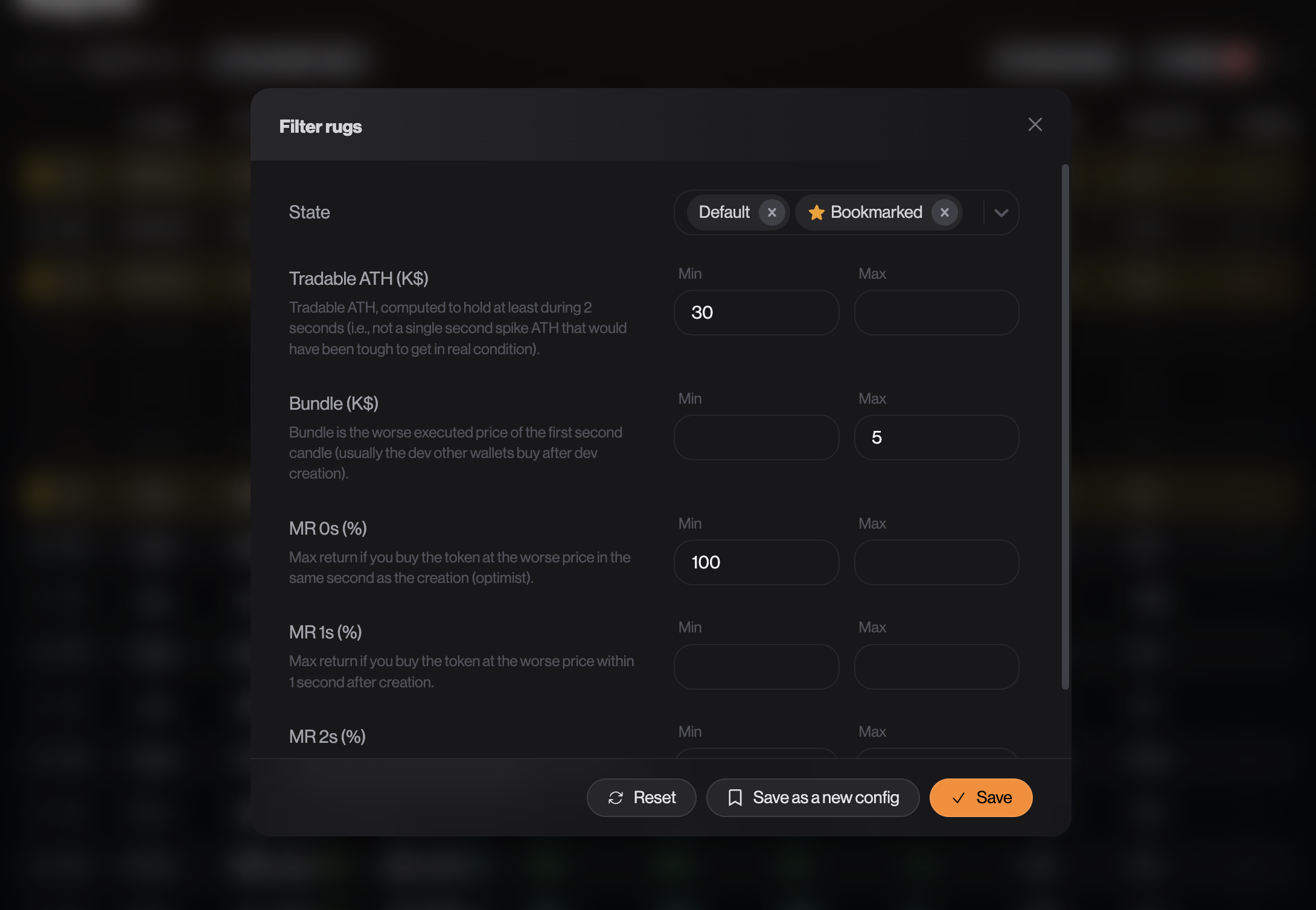 Filter rugs panel with ATH, bundle and MR threshold inputs
