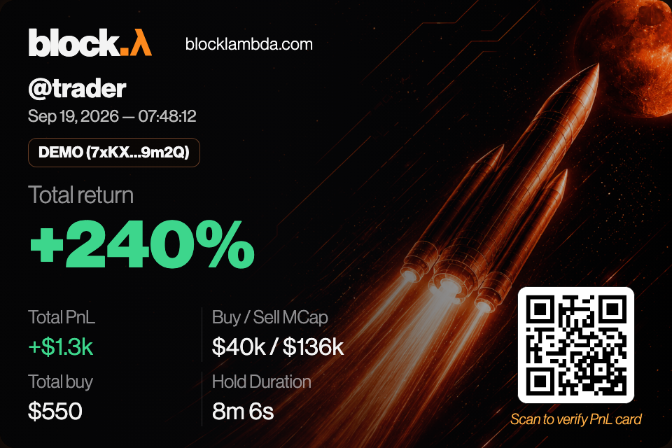 Example PnL card — rocket to the moon, +240% return