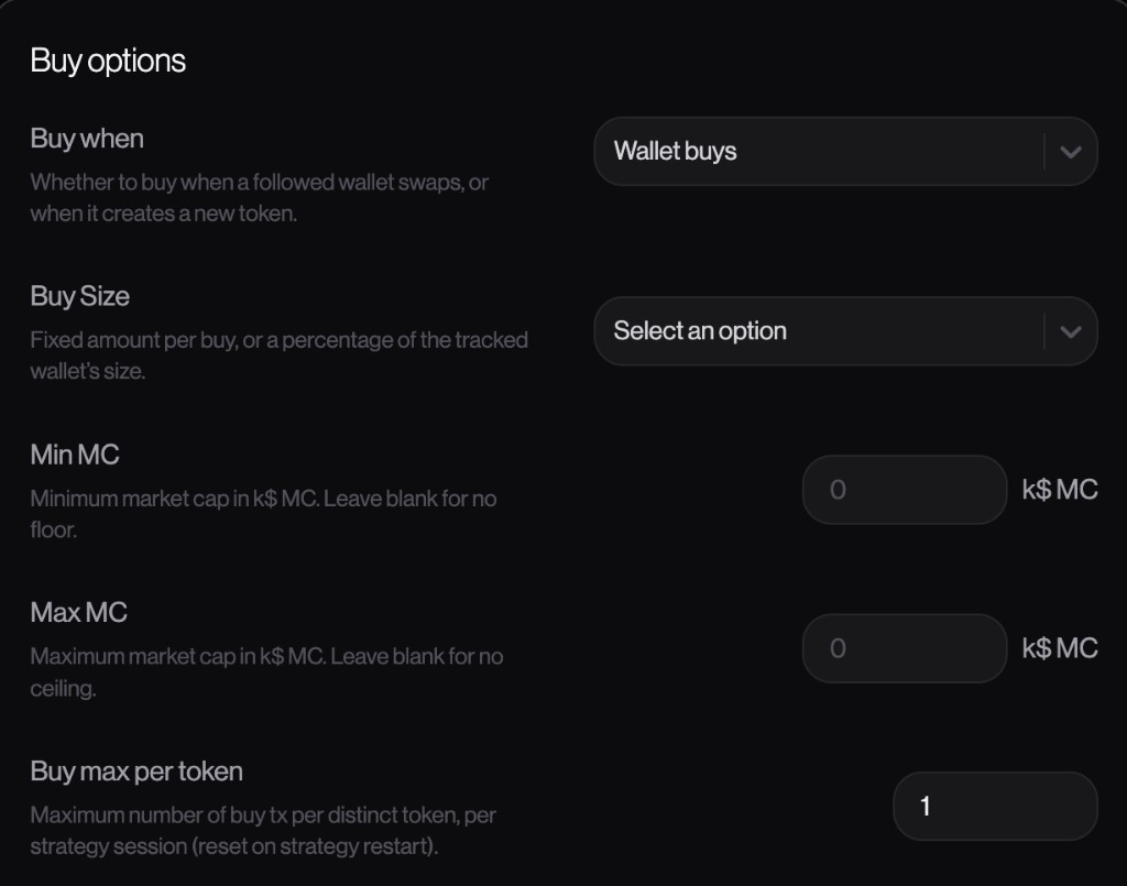 Buy options : Buy when (Wallet buys), Buy size, Min MC et Max MC en k$ MC, et Buy max per token à 1