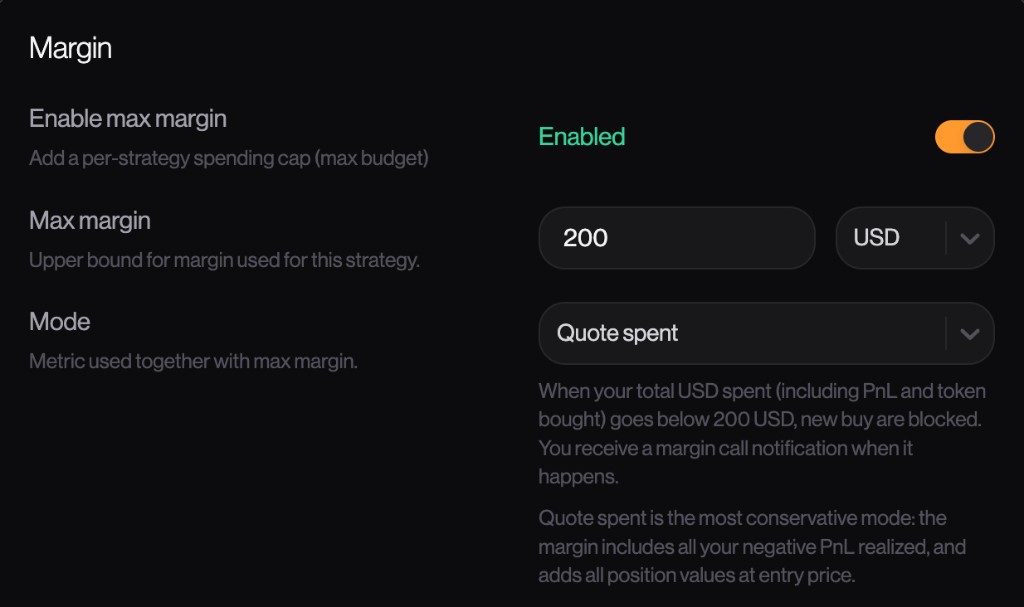 Section Margin avec max margin activé, max margin 200 USD, et mode Quote spent sélectionné
