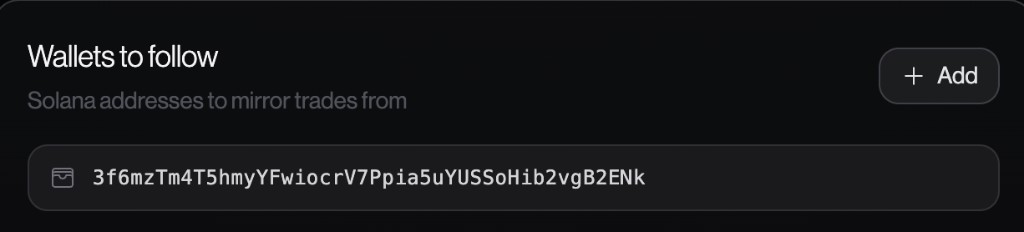 Section Wallets to follow avec un bouton add et une adresse wallet Solana